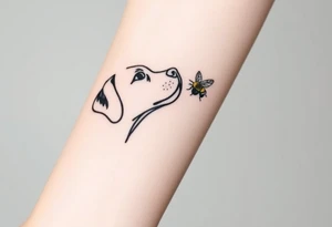 brown lab looking up at a bumble bee like it’s almost about to sniff it but they’re not touching. all black ink and fine line tattoo idea