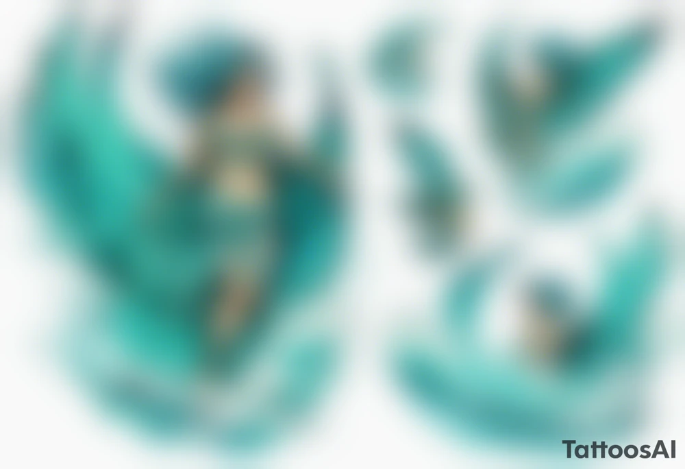 a beautiful turquoise harpie emerging from an ocean wave, crashing onto the shore tattoo idea