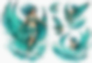 a beautiful turquoise harpie emerging from an ocean wave, crashing onto the shore tattoo idea