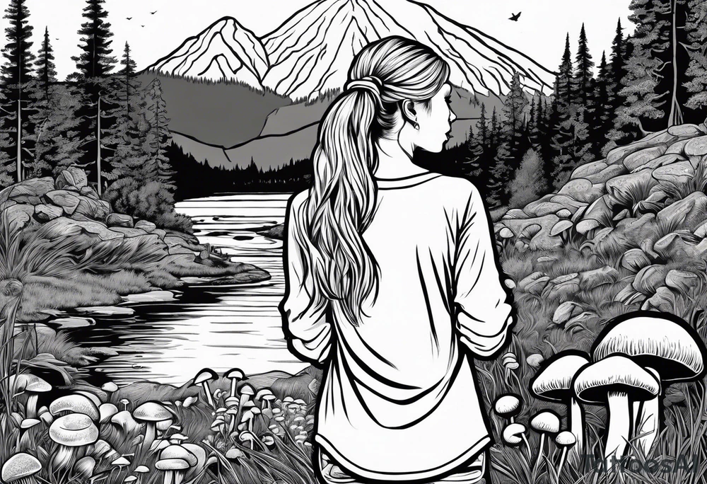 Whole picture encircled fully

Straight long blonde hair hippie girl in distance holding mushrooms in hand facing away toward mountains and creek surrounded by mushrooms long sleeve shirt and hiking pants; whole rendering within a full circle, no cut off circle tattoo idea