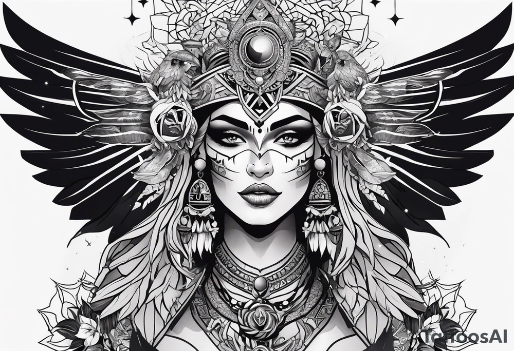 black kali, goddess pirate, alien, pachamama, valkrye, warrior, skull, lotus azul, wing, eagle, zenza resonance, stars, 5D tattoo idea