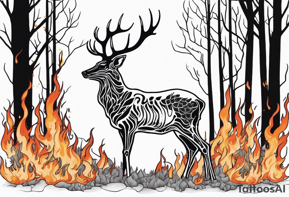 side view of a standing deer humanoid skeleton JUST BONE surrounded by a flames and trees tattoo idea