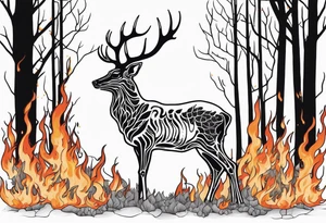 side view of a standing deer humanoid skeleton JUST BONE surrounded by a flames and trees tattoo idea