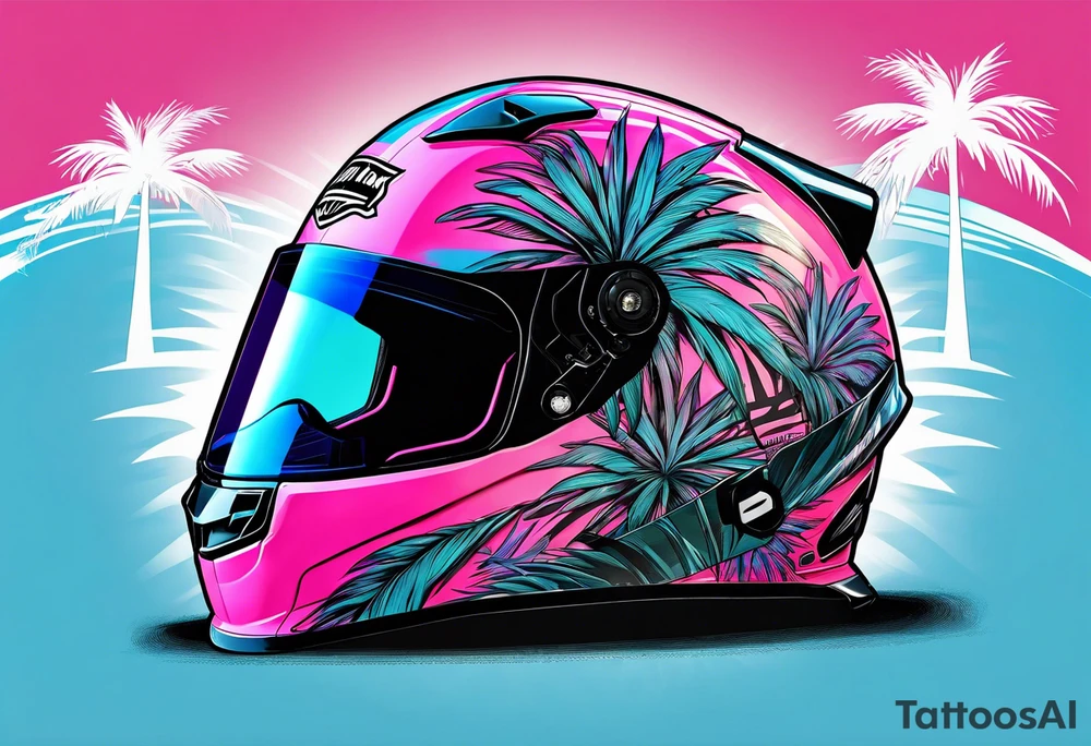 formula 1 helment with a palm tree and black light blue and pink colors tattoo idea