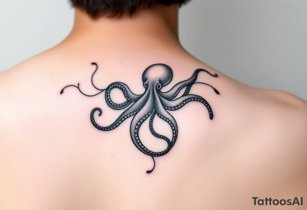 abstract tattoo design, flowing black fine lines, elegant minimalistic linework, psychedelic swirls like gasoline or oil floating on water, iridescent texture implied but in pure  grey ink, delicate organic curves, vapor-like trails, non-literal and surreal, suggestion of an octopus hidden in fluid tentacle-like lines, not a real octopus, just subtle illusion, abstract marine motion, with minimalist seamlessly integrated into the flowing pattern, modern feminine tattoo style, graceful and airy, inspired by Pis Saro and Balazs Bercsenyi, hint of nature and ocean depth, hypnotic and dreamlike, ink diffusion aesthetics, no solid fills, ethereal line-only design tattoo idea