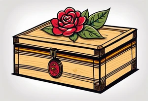 An sailor Jerry style tattoo of a vintage cigar box with one lit cigar and one flower on top tattoo idea