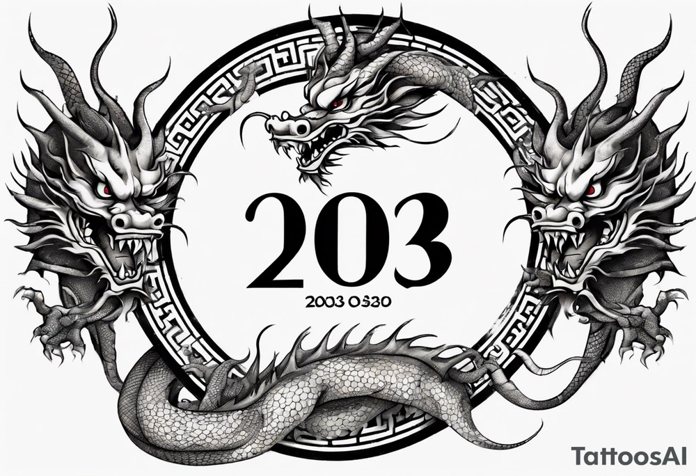 Chinese dragon in a circular shape with "02.03" written on its skin tattoo idea