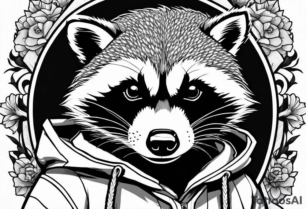 Raccoon wearing an orange Superman hoodie tattoo idea