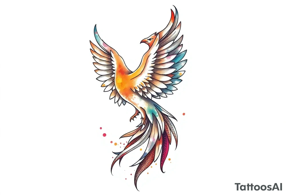 Phoenix rising with nonbinary flag colors blended in watercolor style, transparent background. tattoo idea