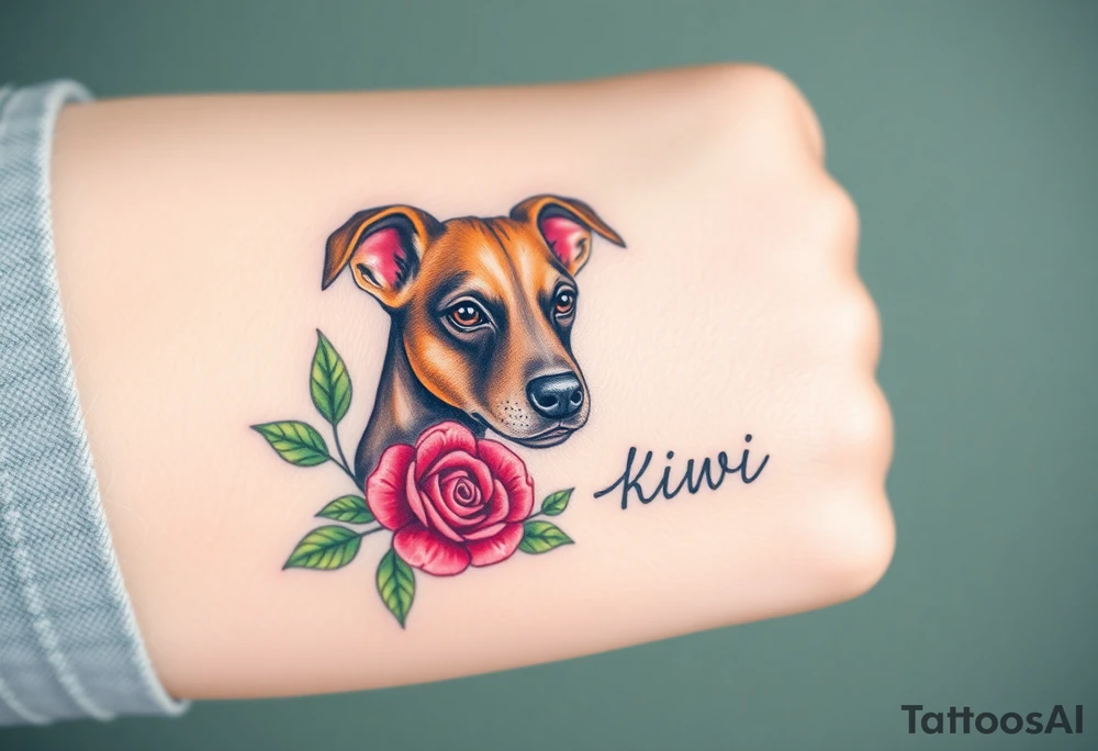 Cute female  large hound dog mix Brindle dog with the name kiwi . And a tiny rose around her . With her ears pointy a little big tattoo idea