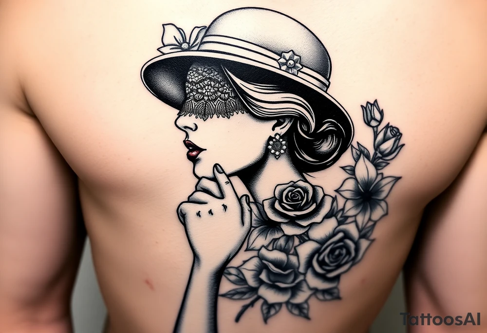 Black and white profile of woman with chin pressed on hand, hat with lace covering her eyes as she looks to the distance
, pearl necklace in her mouth with red lips flowers around her with one red rose standing out thigh tattoo tattoo idea