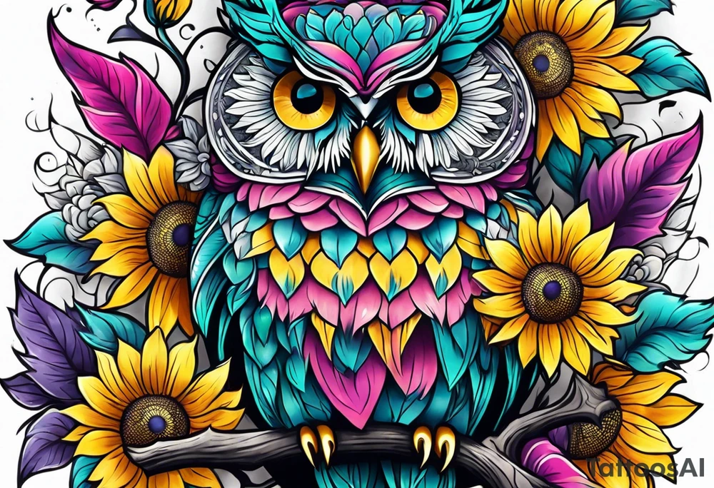 Leg Sleeve with teal, pink and purple owl and yellow sunflowers tattoo idea