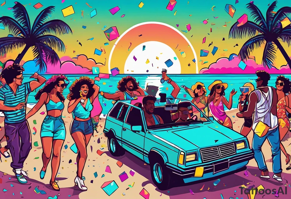 1980's style dance party with boom box and confetti in a beach theme. include people in 80's miami beach clothes, music note. Do not include cars tattoo idea