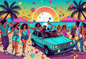 1980's style dance party with boom box and confetti in a beach theme. include people in 80's miami beach clothes, music note. Do not include cars tattoo idea