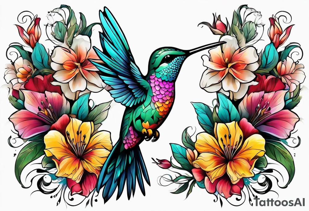 botanical, flowers, colorful, different, hummingbird tattoo idea
