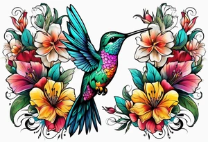 botanical, flowers, colorful, different, hummingbird tattoo idea