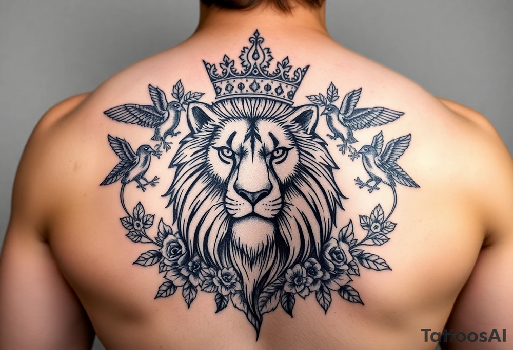powerful majestic lion with a crown, surrounded by floral ornaments and birds tattoo idea