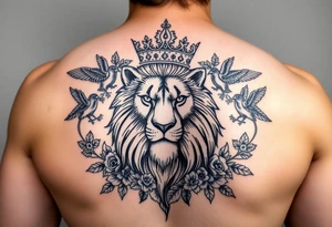 powerful majestic lion with a crown, surrounded by floral ornaments and birds tattoo idea