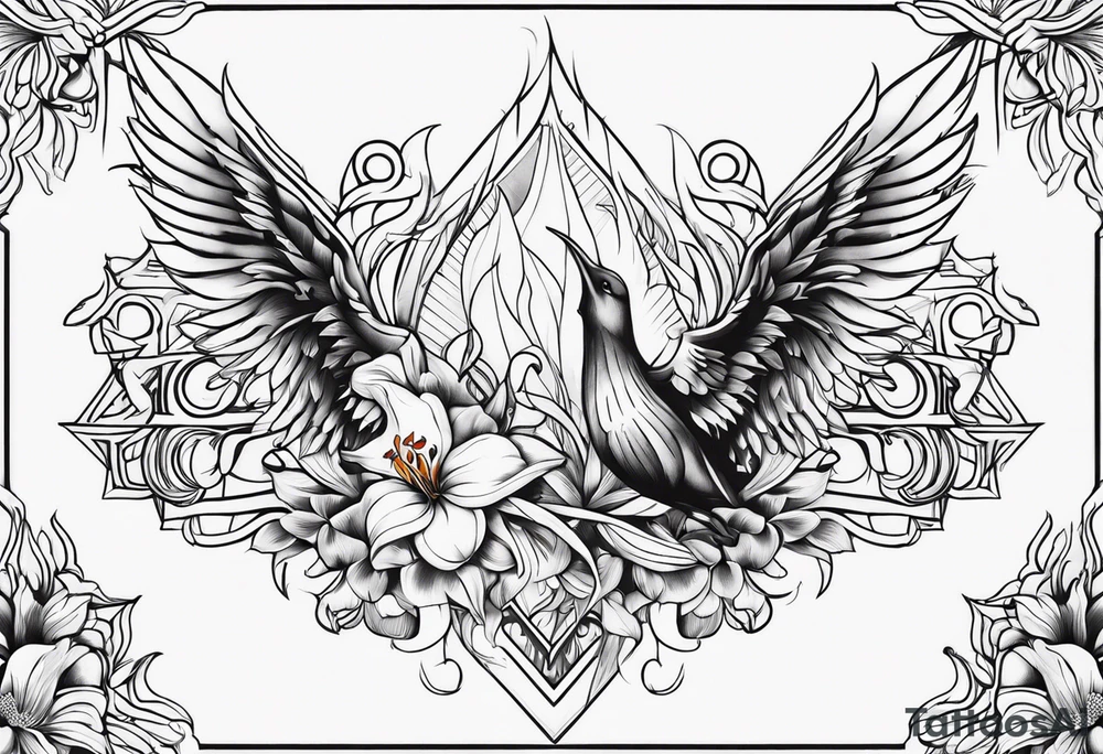 a fenix tattoo with flames and that blooms with madonna lily/s tattoo idea