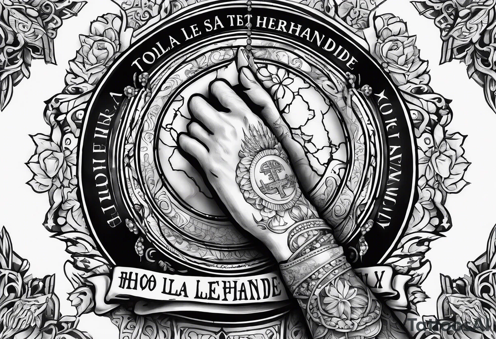 Vertical, hands of God holding a rosary with the words "Todo la tierra esta llehande su gloria" tattoo idea