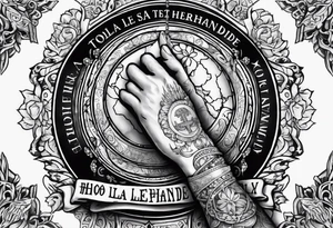 Vertical, hands of God holding a rosary with the words "Todo la tierra esta llehande su gloria" tattoo idea