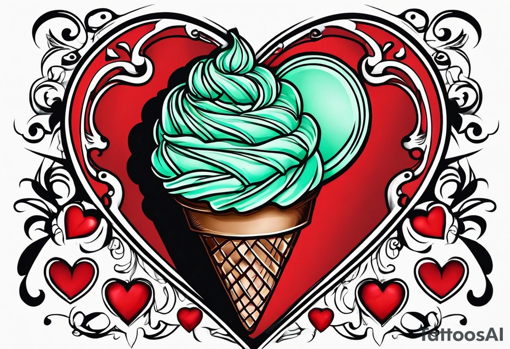 mint chocolate chip ice cream cone with small red heart on it somewhere. tattoo idea