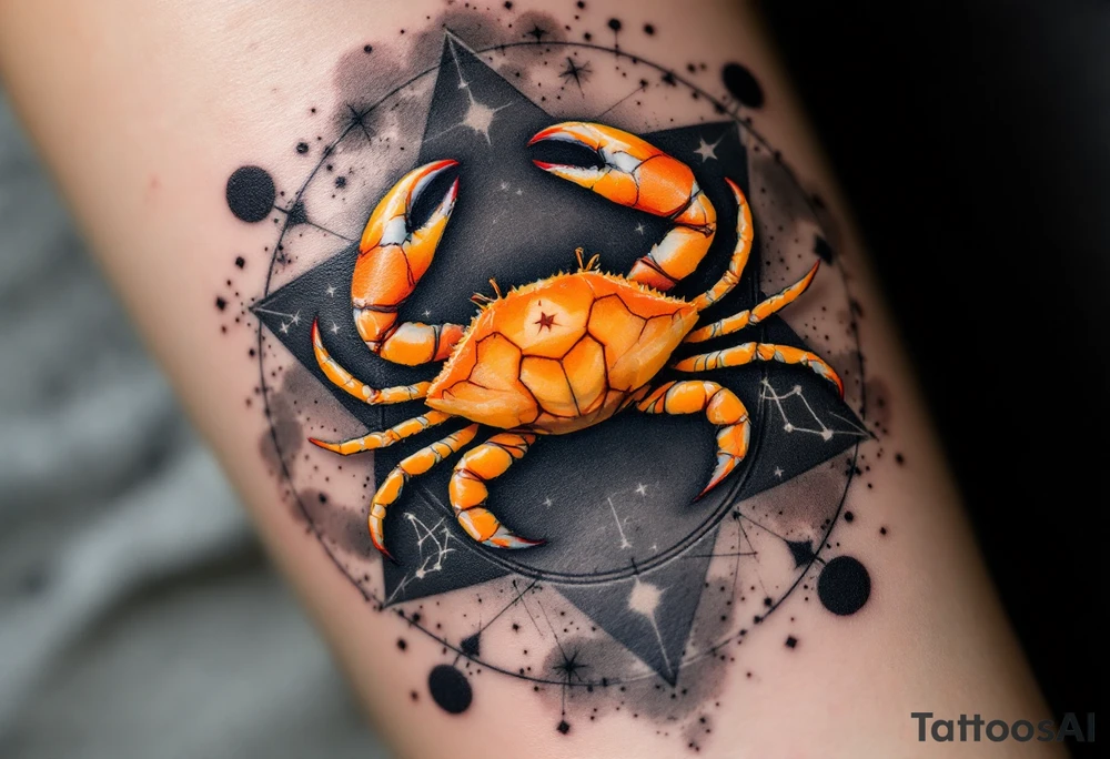 A vibrant orange crab rests at the center of the Cancer star constellation pattern on a muted charcoal background. tattoo idea