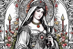 holy saint barbara with canons behind her and a chalice tattoo idea