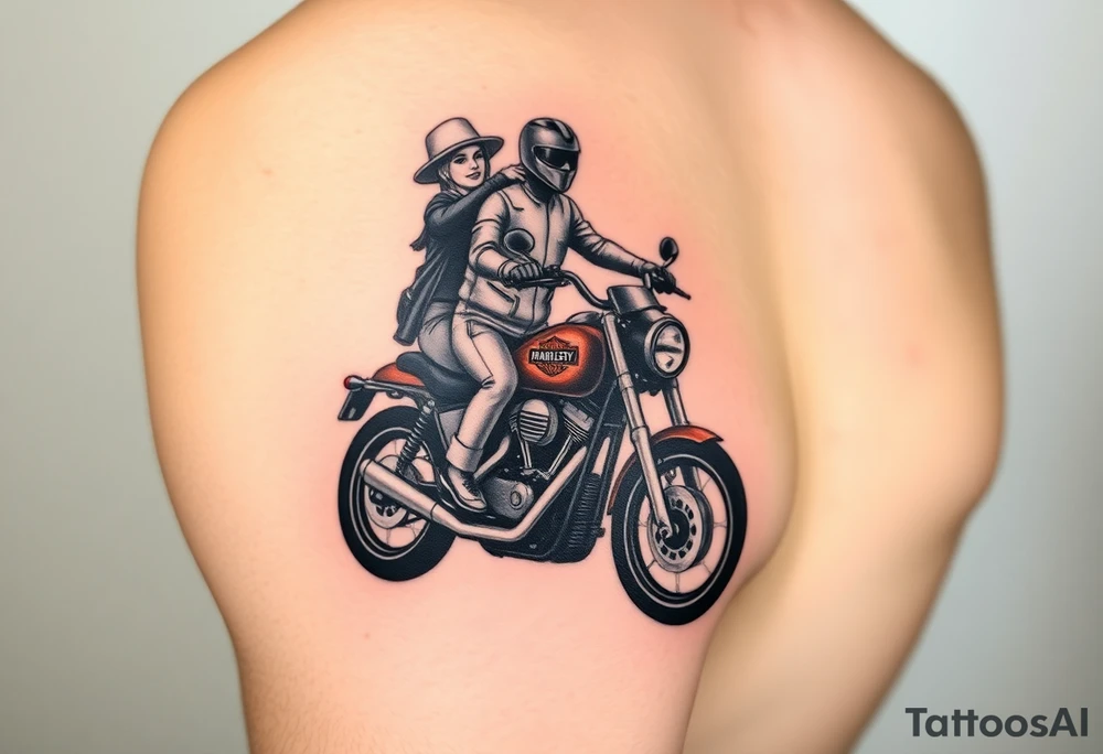 a two person on a Harley Road Glide 2018 on a forearm and a harley's engine on the top of the hand make it as realistic and use the arm to place the tatoo (Still not realistic) It's looking like a cartoon tattoo idea