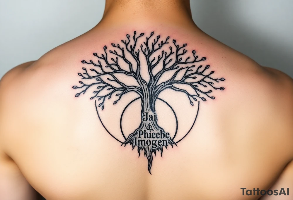 tree of life with circle. names Jai , Phoebe, Imogen, Matilda in the circle tattoo idea