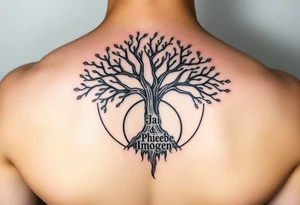 tree of life with circle. names Jai , Phoebe, Imogen, Matilda in the circle tattoo idea