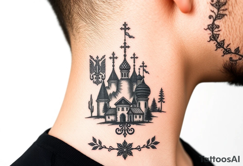Traditional authentic Russian coat of arms with a Christian orthodox virgin marry in the middle and silhouette in a Russian wilderness Christian orthodoxy dome church village setting on the side of my neck tattoo idea