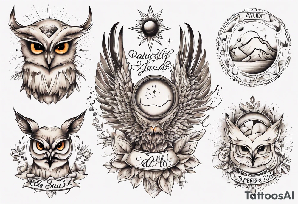 halb 
Fuchs halb Eule unter der Sonne mit dem Schriftzug Sapere Aude tattoo idea