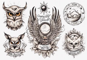 halb 
Fuchs halb Eule unter der Sonne mit dem Schriftzug Sapere Aude tattoo idea