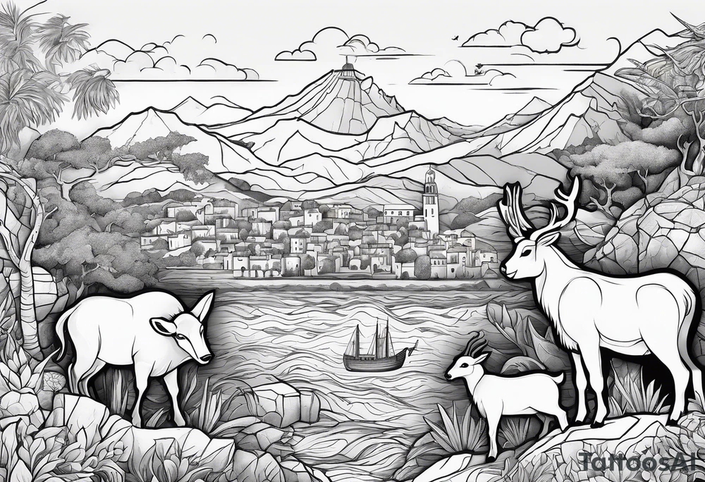 Noah's ark with a badger, a goat and a reindeer inside the outlines of Map of Mallorca behind tattoo idea