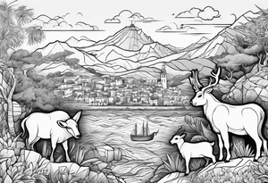 Noah's ark with a badger, a goat and a reindeer inside the outlines of Map of Mallorca behind tattoo idea