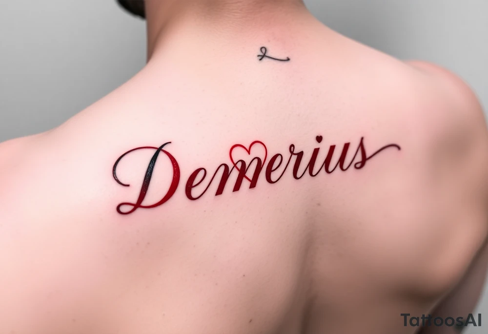 demarius name in cursive in red ink with a heart over the i tattoo idea