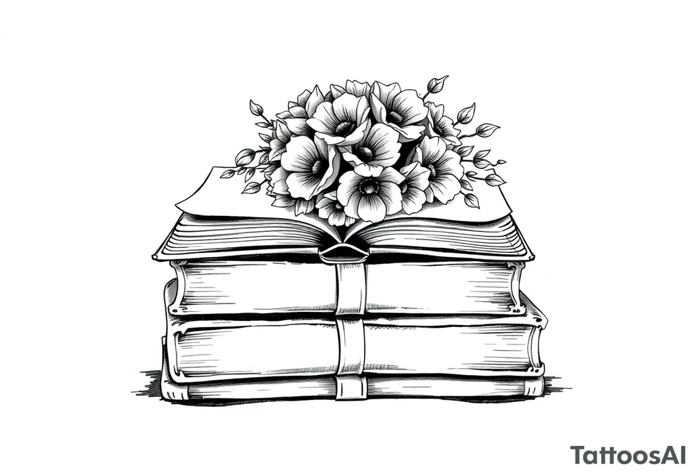 stack of 3 vintage books top book open with bouquet of flowers coming out of it tattoo idea