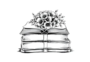 stack of 3 vintage books top book open with bouquet of flowers coming out of it tattoo idea