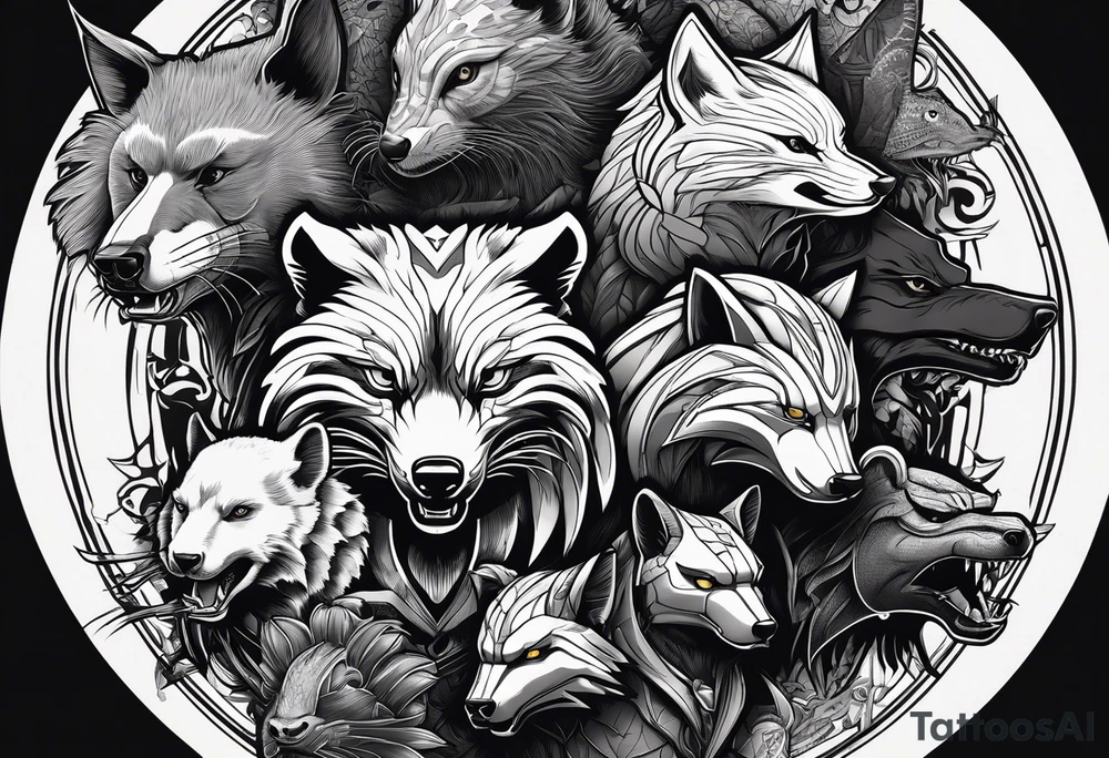 a super hero team which is combination of animals.
One is Badger/Wolverine, One is Bull, One is Wolf, One is Axolotl, One is Canary, One is Lizard, One is Cat tattoo idea