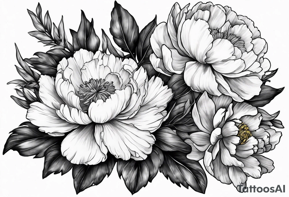 marigold, peony, and narcissus laying side by side tattoo idea marigold, peony, and narcissus laying side by side tattoo idea