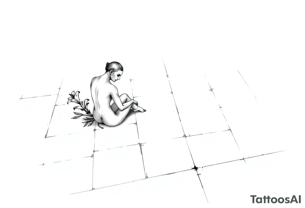 A simple tile floor with a minimalist, almost abstract curled figure sitting on the floor with a lily next to her tattoo idea