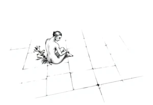 A simple tile floor with a minimalist, almost abstract curled figure sitting on the floor with a lily next to her tattoo idea