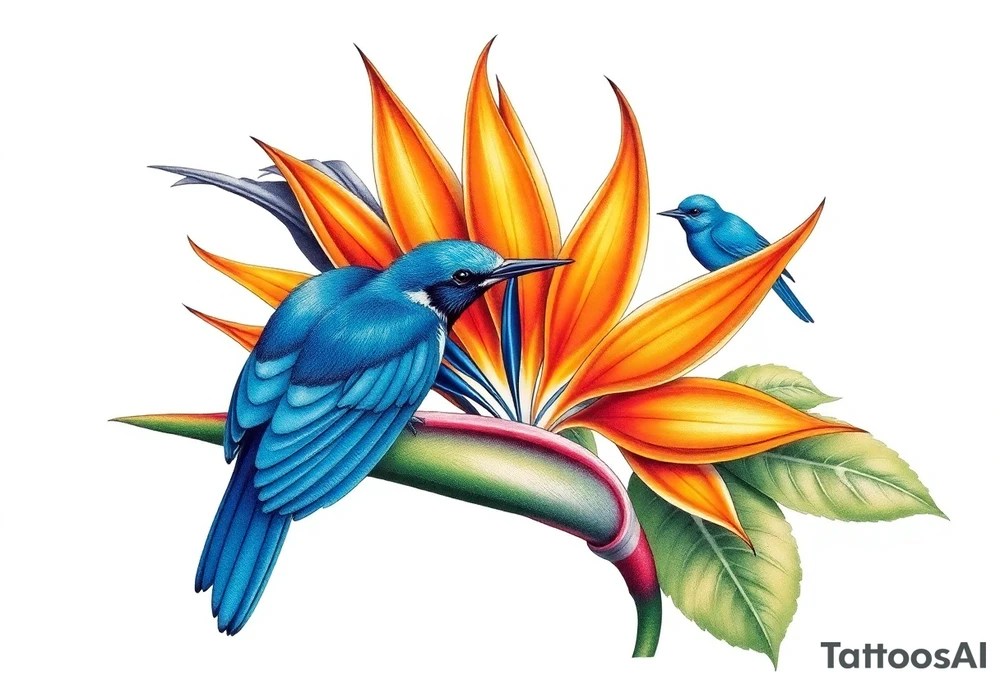 Bird of paradise flower with blue bird tattoo idea