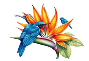 Bird of paradise flower with blue bird tattoo idea
