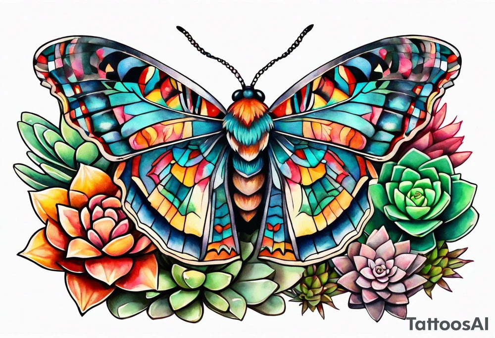 Modern Mexican style small moth with succulents in a garden with cactus tattoo idea