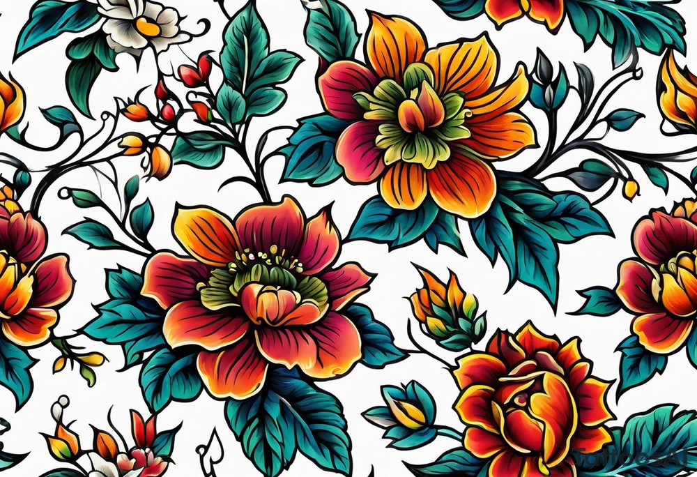 vintage colorful floral print tattoo idea