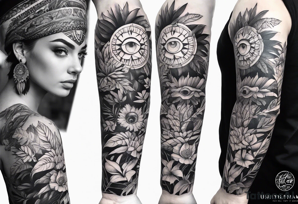 sleeve tattoo with all-seeing eye and jungle plants tattoo idea