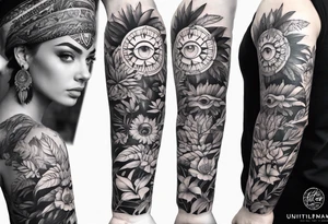 sleeve tattoo with all-seeing eye and jungle plants tattoo idea