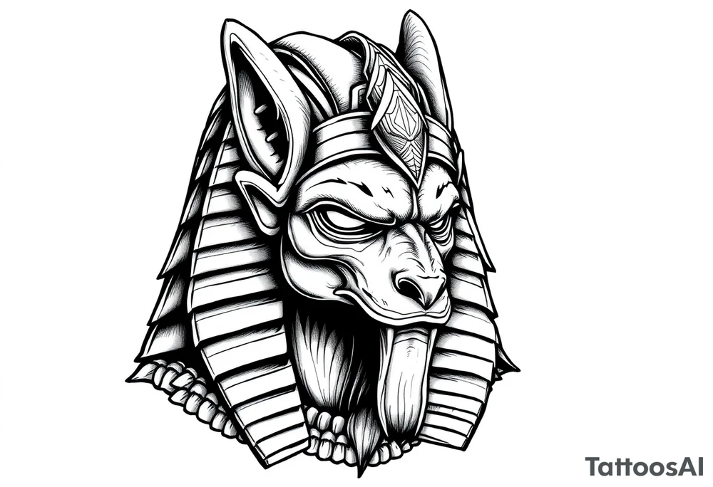 powerful majestic muscle anubis Egyptian god face without eyes with mantle on head tattoo idea